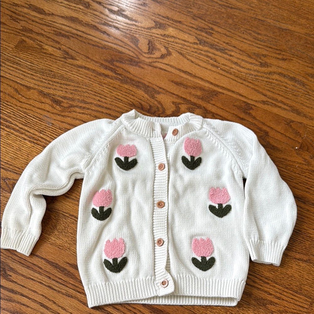 Charming Cardigan with Embroidered Pink Floral Accents